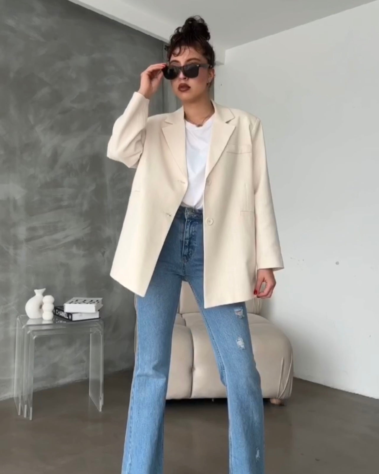 Keten büyük boy blazer - Süt Beyazı