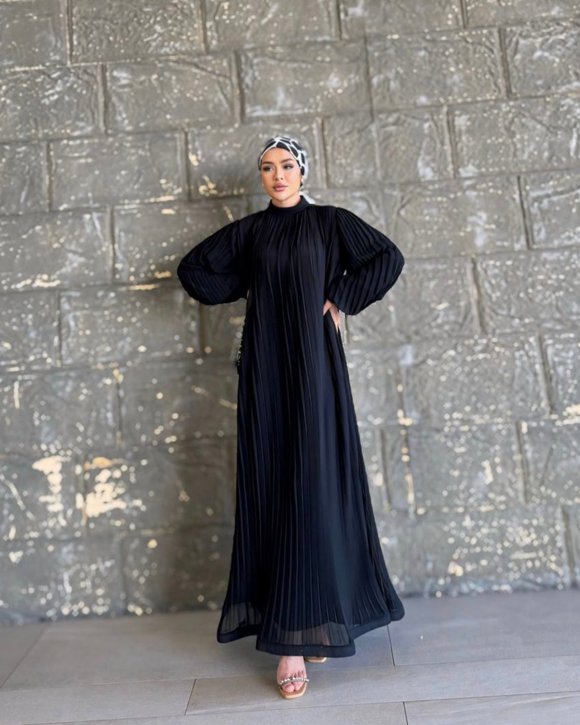 Plisse Şifon Elbise - Siyah