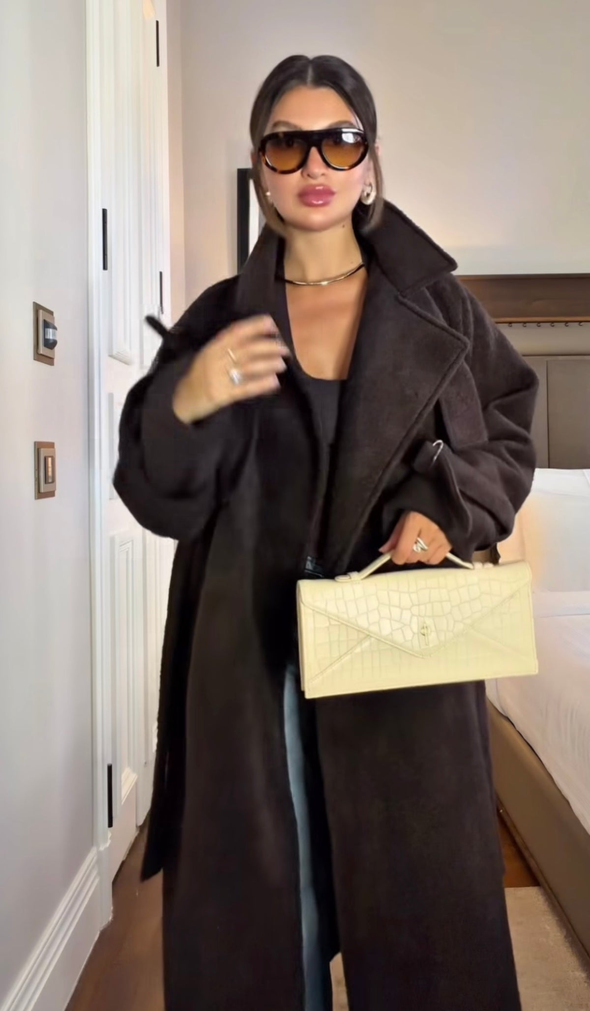 Wool Blend Belted Coat - Brown