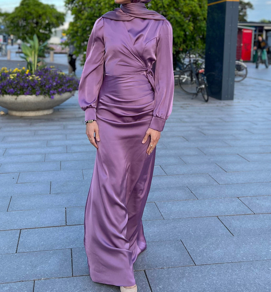 Vücuda Oturan Saten Elbise - Mor