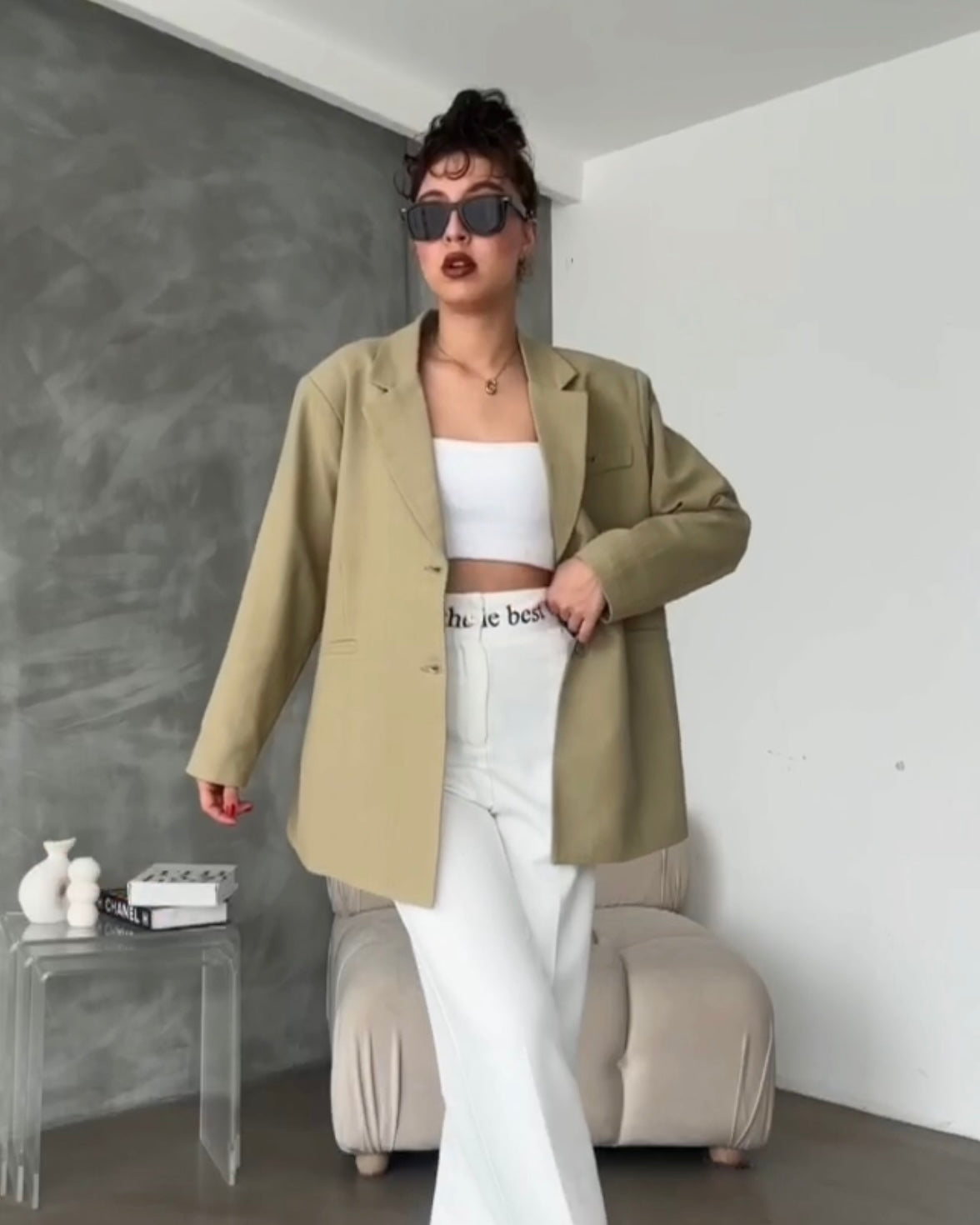 Keten büyük boy blazer - Zeytin yeşili