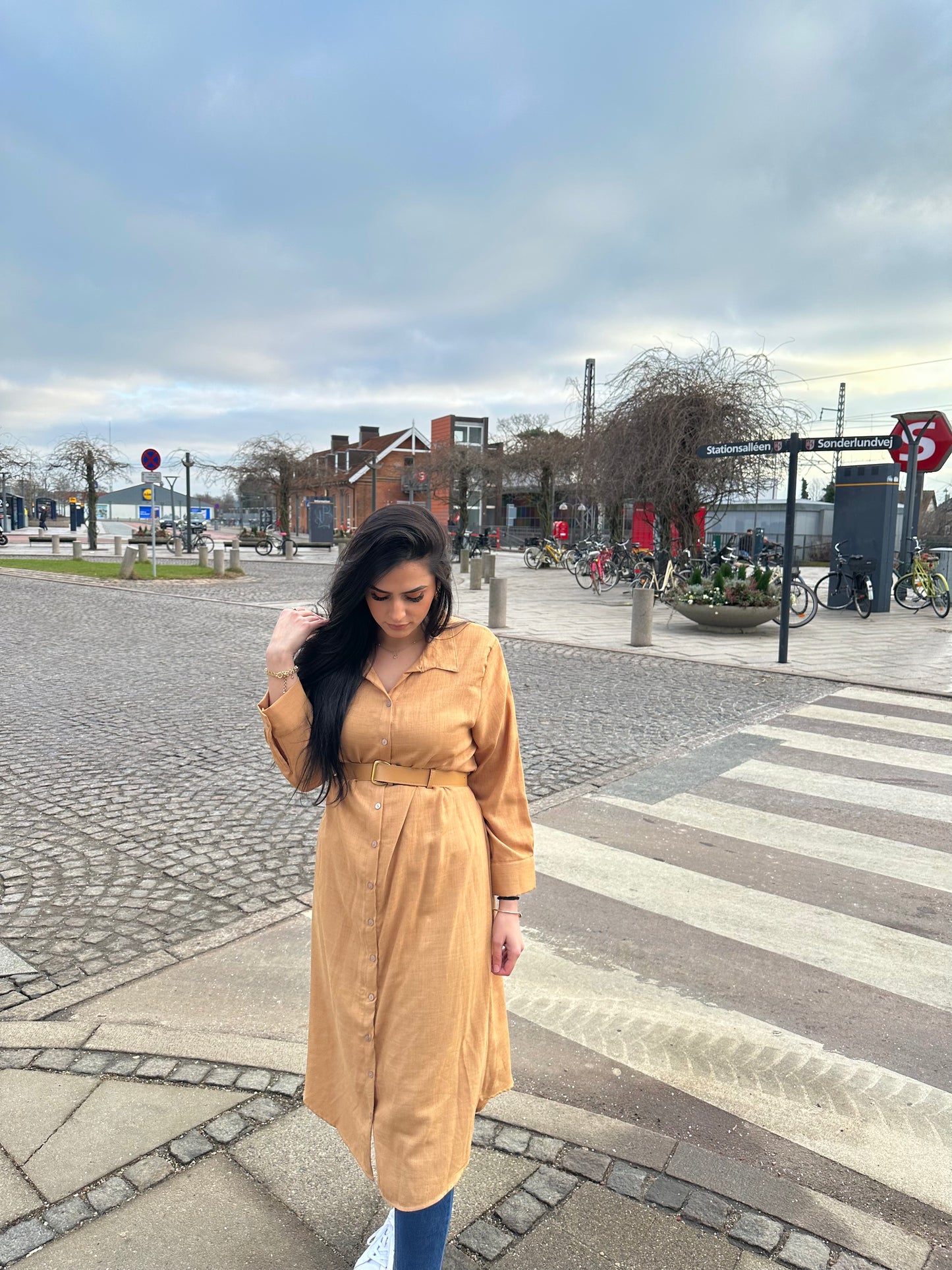 Hør Tunic kjole med bælte - Karamel