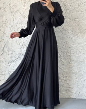 Wrap Satin Dress - Black