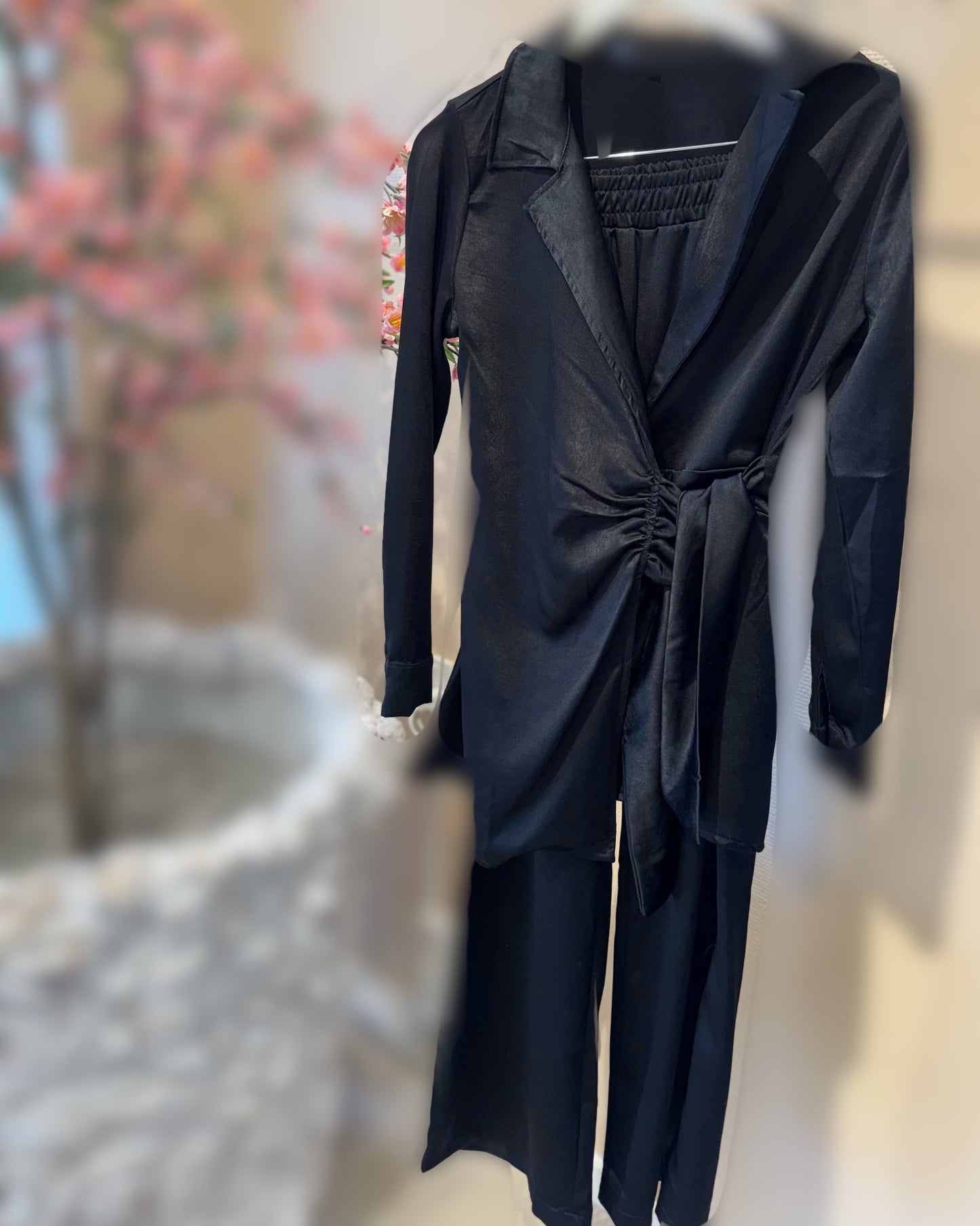 İpek karışımlı kadife blazer takımı - Siyah