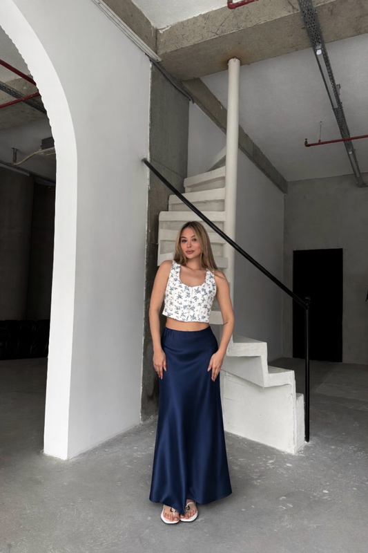 Satin Silk Skirt - Navy
