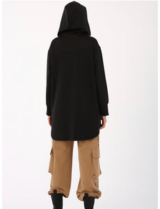 Hooded V Neck Sweatshirt Tunic- Black