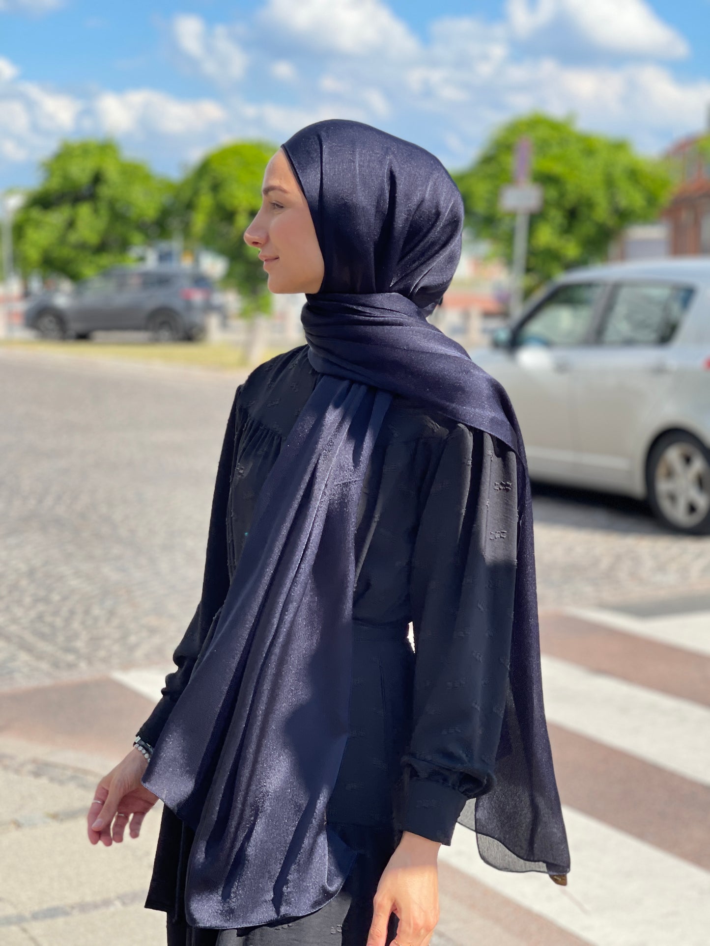 Shiny Silk Hijab - Deep Navy 17